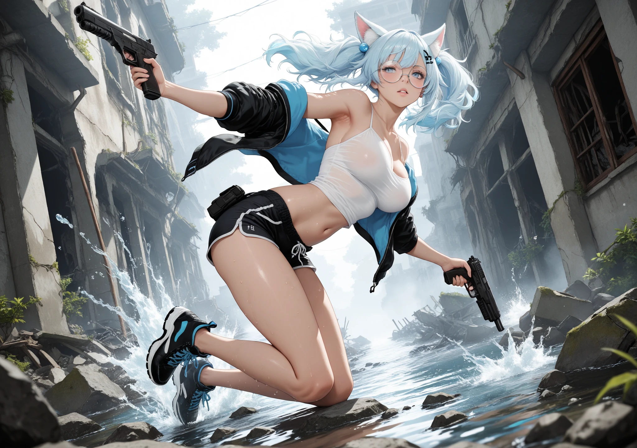 Anime-style catgirl with short red hair and earring in her ears, In the Russian Village, Full-length next to a race car, digital cyberpunk anime art, digital cyberpunk - anime art, rococo cyberpunk, detailed digital anime art, beautiful digital artwork, anime fantasy illustration, digital anime art, white haired deity, digital art on pixiv, digital anime illustration, Advanced Digital Anime Art, anime styled digital art