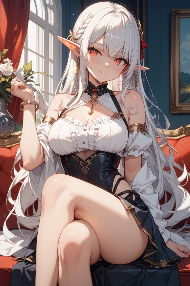 Girl long white hair red eyes big breasts full lips and jewelry in towel on his legs