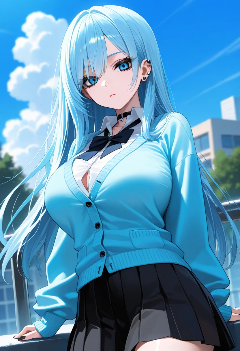 Yukino Yukinoshita, long hair, cleavage, navel, slender legs, black hair, blue eyes, Short Skirt, thigh highs, Teenage Girl, Happy, School uniform, library, standing
