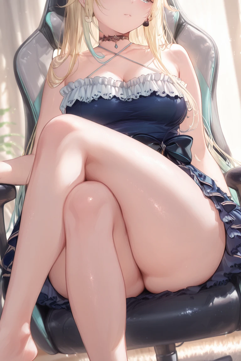 masterpiece, best quality, 1girl, very curly hair, blonde hair, shiny hair, tiara, diadem, medium breasts, glossy lips, good lighting, latifa fleuranza, legs up, looking at viewer