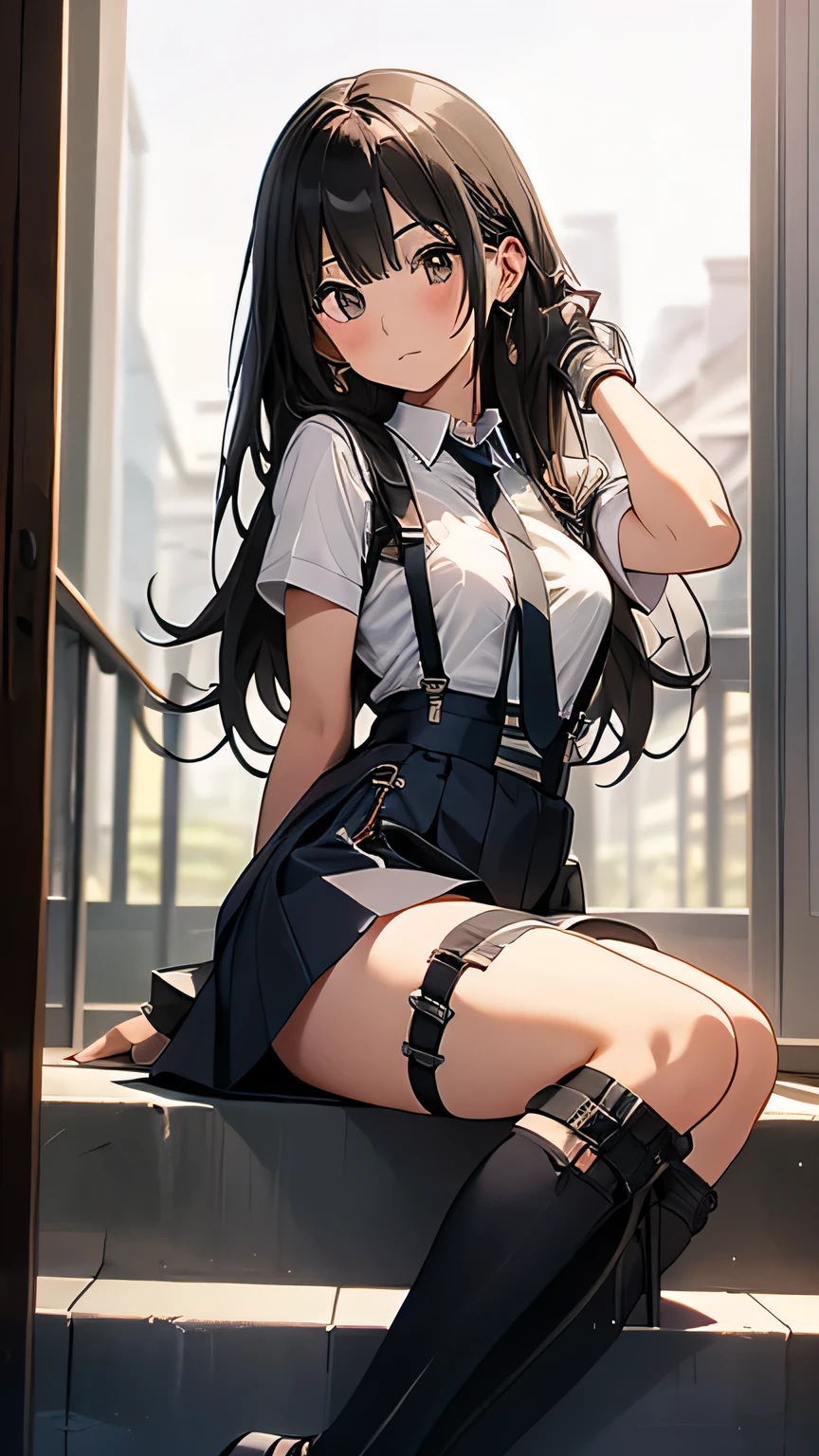 work of art, 8K, style of art by shaman240, very highly detailed face, detailed clothing, detailed fabric, 1 girl, beautiful  face, asymmetrical long hair, hair light blue, breasts big, slim, thick-thighs, wearing beautiful winter clothes, peencil leather mini skirt, Dior thigh high boots ,very detailed blue cat eyes, sitting on a stool inside a modern cafe, holding a phone, cute smile, sunny winter scenery, full body view, happy expression,