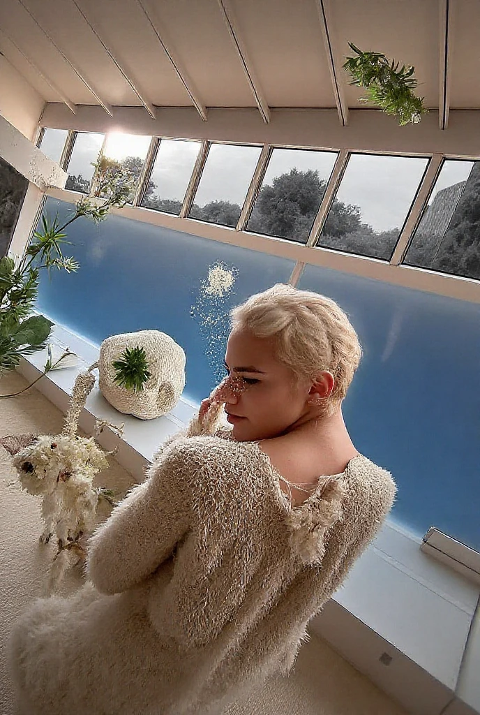 best quality, RAW, masterpiece, 4K, photorealism, hyper-realistic, high resolution, natural soft light, 1girl, solo,delicate face, msfiiire, blonde,White Turtleneck knitted sweater,in swimming pool