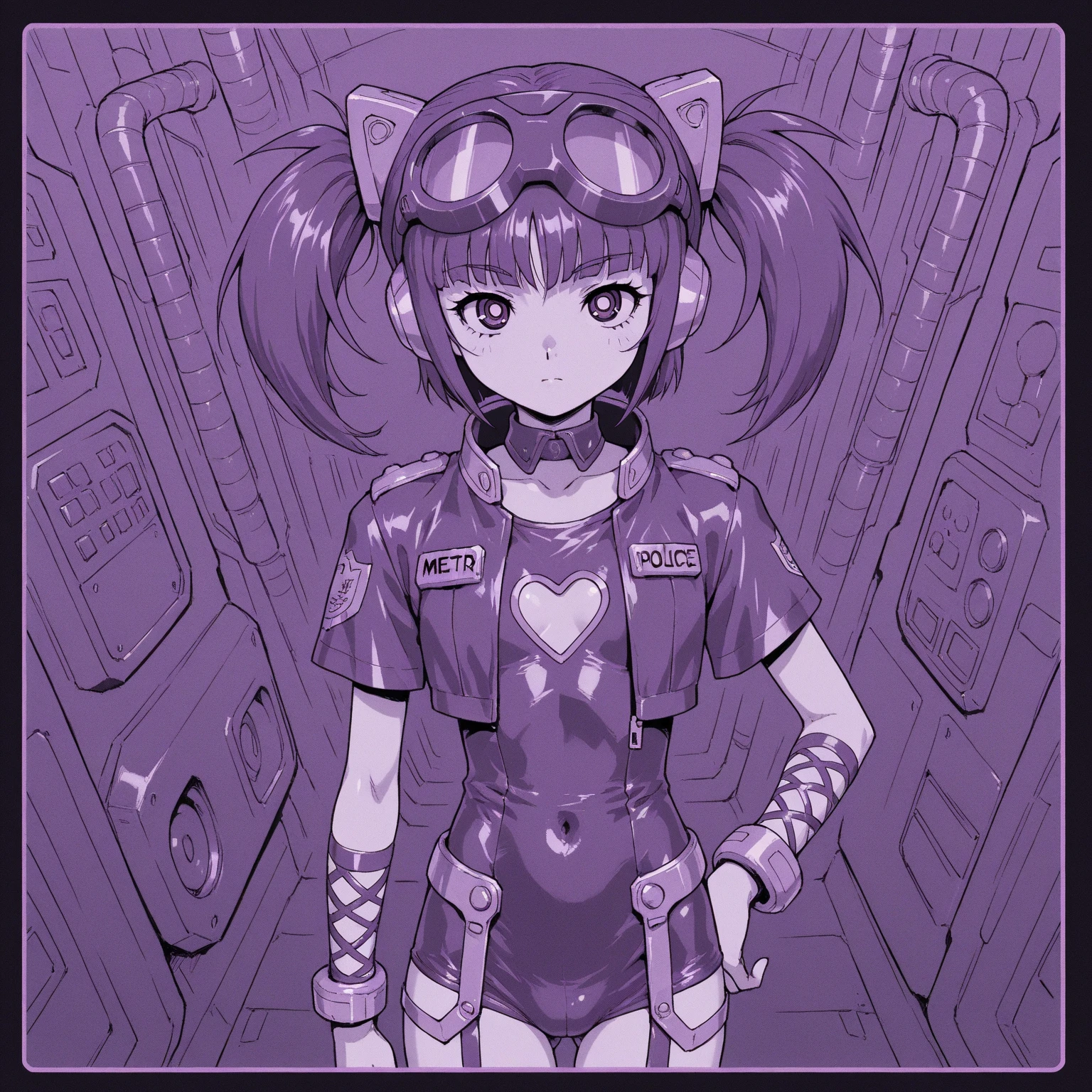 In a vibrant, stylized digital illustration, a miniature catgirl stands amidst a futuristic forest, reminiscent of Masamune Shirow's iconic cyberpunk aesthetic. The beautiful young feline, donning a black dress with a flared skirt and a bright yellow bow, showcases her alluring features. A sleek, slender tail, akin to that of a cat, extends from her back, adding a whimsical touch. Her striking features are accentuated by a subtle glow, as if lit by an otherworldly light. In the background, cybernetic trees and glowing orbs create a futuristic landscape, while the girl's pose exudes confidence and allure, inspired by Anya's charm in Spy x Family. The overall composition, reminiscent of comic book pinups, is a perfect blend of fantasy and science fiction.