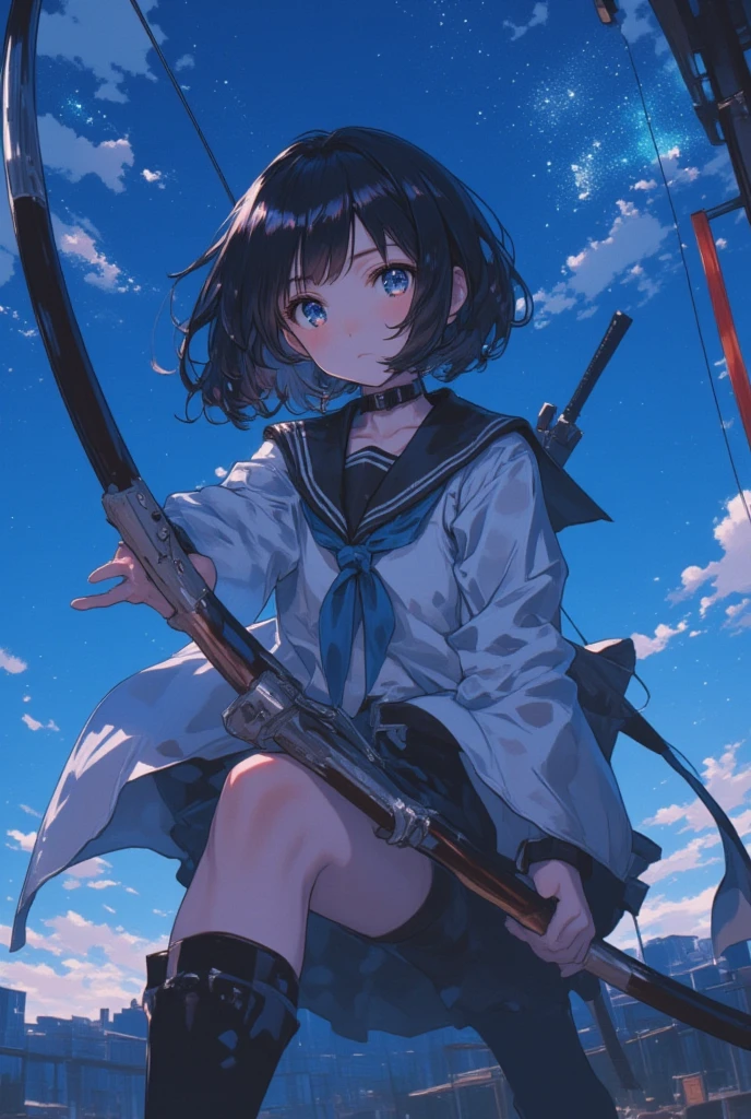 Rébecca Dautremer, Keiko Takemiya, Surreal, mysterious, strange, fantastical, fantasy, Sci-fi, Japanese anime, fisherman in the air, decomposing sun, sea desert, miniskirt beautiful girl, perfect voluminous body, detailed masterpiece