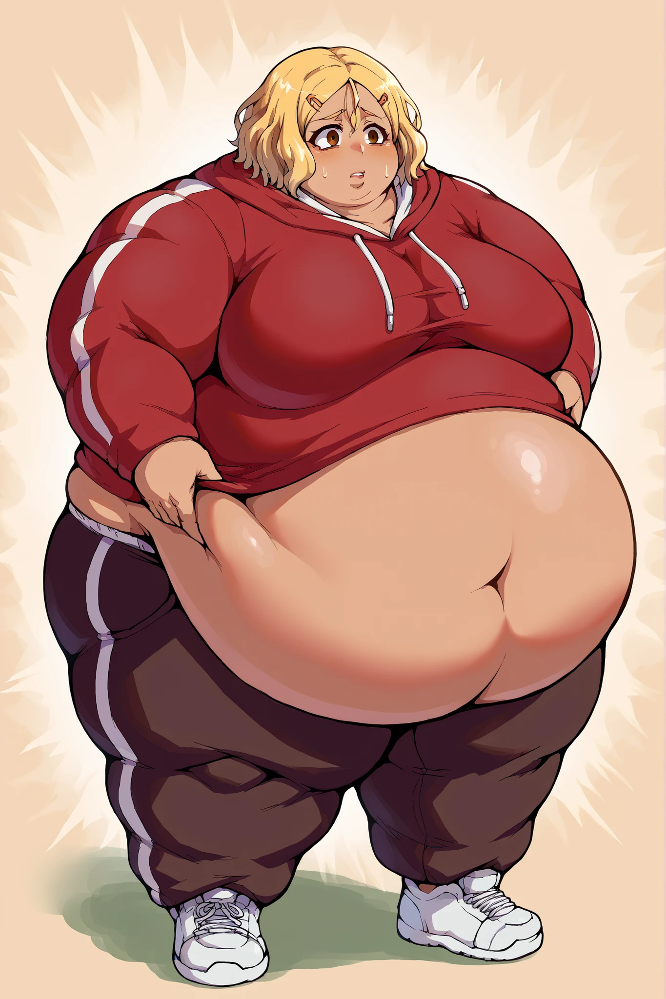 1 solo girl, chubby erufuda, short hair, pointy ears, obese elf, blonde hair, (green eyes:1.5), braid, weight balance, chubby body, ((Perfect body)), smile, hot, chubby belly, thick thighs, very cute, 4K
