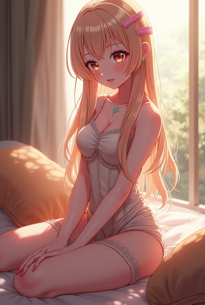 nordic young woman, cute face, seductive smile, one hand salute, translucent summer dress, golden hour, detailed textures, long braded hair, sitting on bed, posing, casual pose, wooden cottage, interior, [blush], aesthetic, intricate, caustics, light rays, sunlight