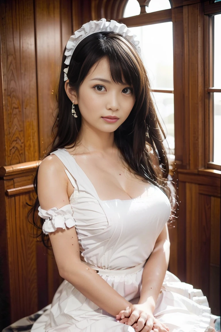 "1 adult woman asian latina mix, long hair, curly hair, black hair color, smooth skin, brown eyes, smiling, cat ears, vegetation, occasional, french maid style hanfu clothes, side boobs, maid uniform sexy, ealistic, with background in a fancy restaurant, 8k super realistic, super detailed and realistic"