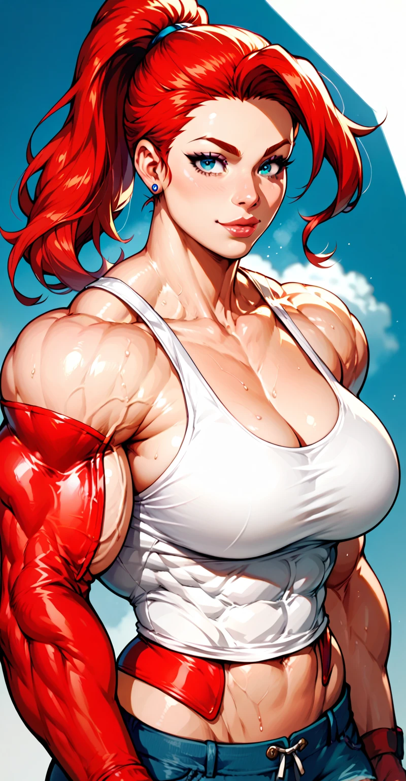 a giant woman in a busted and ripped red bodysuit, (((massive female bodybuilder))), (((Huge breasts))), (wide hips), bright red hair, Emma Watson inspired face, seductive girl, badass anime 8 k, ((Long Muscular Legs)), extremely detailed artgerm, beautiful alluring anime woman, best anime 4k konachan wallpaper, anime cover, 4k anime wallpaper, anime style 4 k