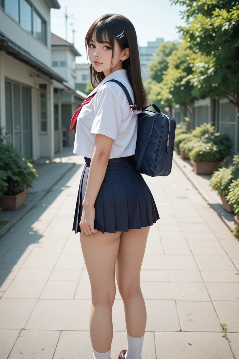 grab the hem(masterpiece,highest quality,ultra high resolution),japanese girl, ponytail:1.1,twin tailsが魅力的:1.05,very beautiful 10 year old girl),Naïve girl、(perfect limbs、perfect anatomy),(Junior high school sailor suit:1.3) ,、 (strong wind, Blowing on clothes and skirts:1.6),ponytail:1.3,twin tails,amazingly cute 、Wearing Japanese school uniform、japanese school uniform、surreal 、dressed like a high school girl、surreal 、wearing a uniform、girl in uniform、wearing a uniform、 stop temporarily、Full body Esbian、nice skin、glowing skin、nice thighs、Shining thighs、shining legs、black high socks above the knee、Japanese high school 、beautiful skin、Moist eyes、brown shiny hair、Colors and landscapes of youth、feeling of love, embarrassing smile, go to school, morning, Sheer, Wet,(((lift up the skirt)))、camel toe、A girl with an extremely cute young face、(Perfect and beautiful pussy line of a young child:1.2)、thin body,thin legs,立ち姿で紺色のプリーツスカートのgrab the hem持ち上げる,very small face,from below、(((A girl with the face of a very young :1.3)))
