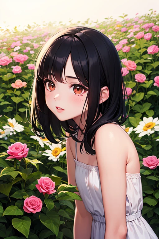 score_9,score_8_superior,score_7_superior,8k, High resolution, 5 years old、beautiful girl, bright black hair, Thin Hair, Small face, cute、Large Breasts、Highest quality,Japanese face、small mole on the corner of the eye,((Puffy eyes))、(superior目づかい)、Short Bob、Riverbank、口角superiorがる、Beautiful legs、Flower Hair Ornaments、sexy、Sensual、Blushing、Palm tree、Ocean、Oversized white T-shirt、orgasm、