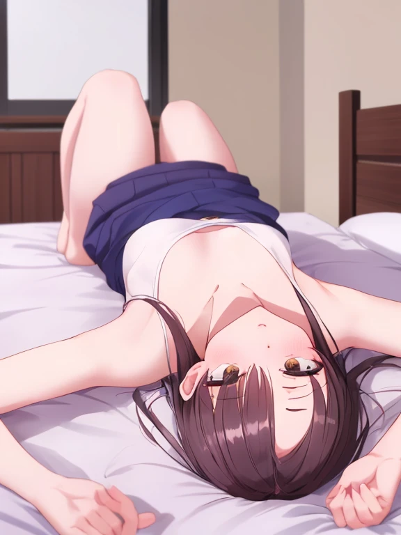 (Highest quality), (masterpiece), 1080P, High resolution, 4K, 8K, ((towel)), バスtowel, Tube top, spread legs, legs up, Lying on your back, Leg spread, Open up, Shooting from directly below, Sweat, ((side)), sideを見せる, ((Nipples)), Mid-chest, whole body, Embarrassed face, Long Black Hair, Blunt bangs, bracelet, Leather shoes, Platform boots, hot spring, mat, 