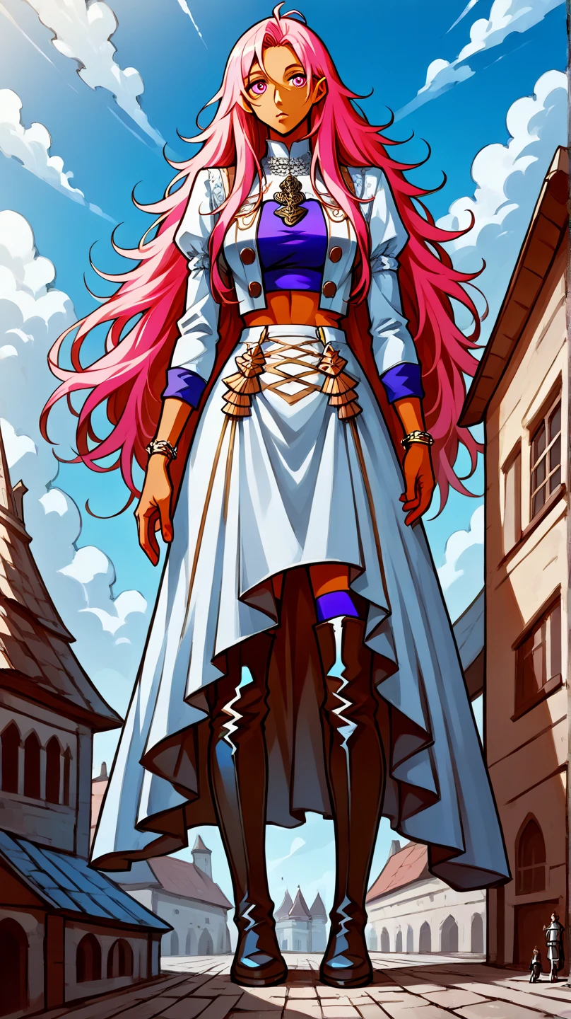 female warrior, long pink hair, blue eyes, dynamic pose, wearing Victorian-era armor, ((background: a sky full of clouds))