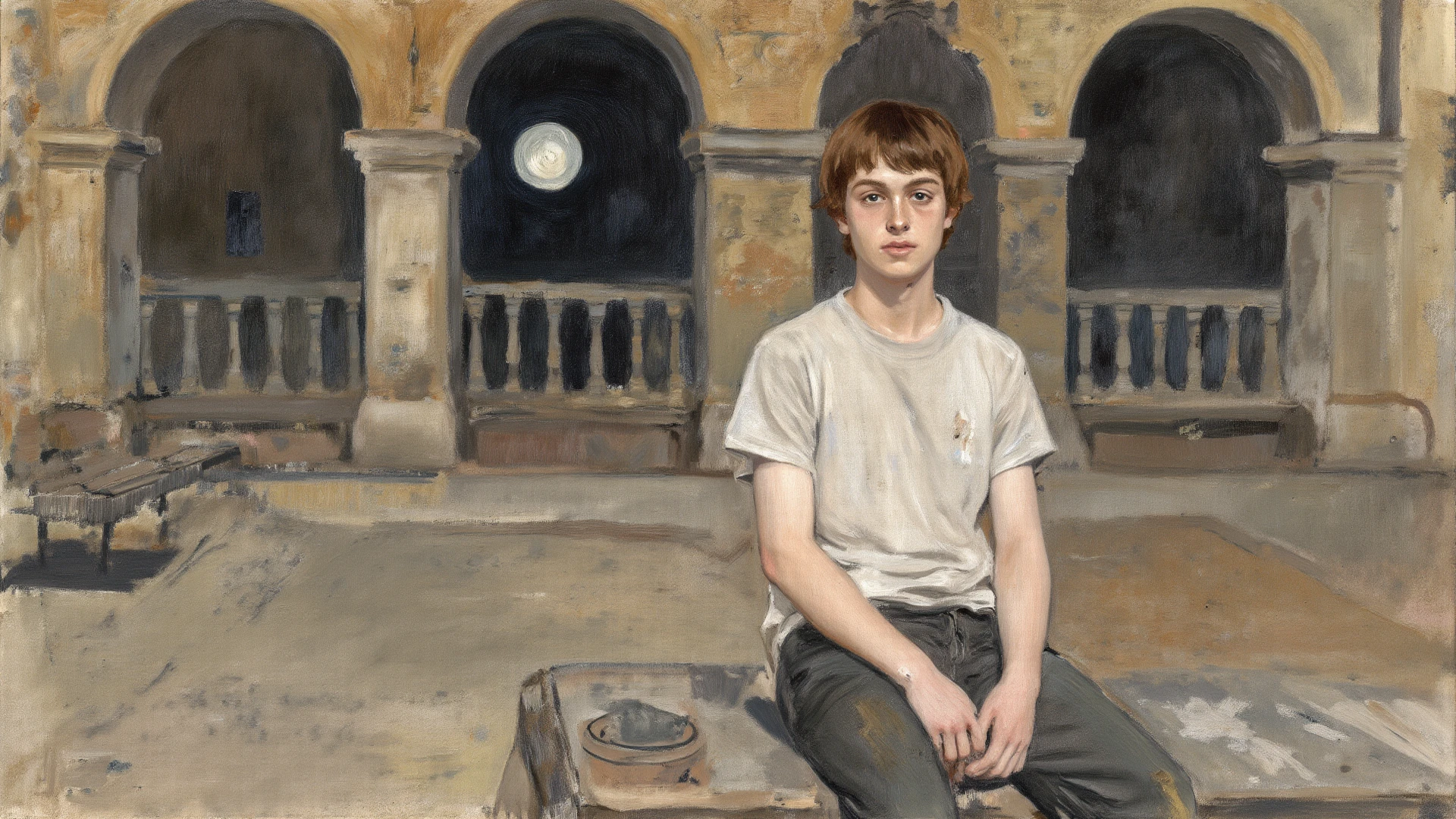 Jessie Willcox Smith Style - Oliver Twist. The image is in beige tones with red to make contrasts, showing a young boy with tattered clothes and a sad expression. He looks up to the night sky, which is filled with stars and a bright moon. The atmosphere is melancholic, with a sense of longing and despair. The materials used are mostly brick and wood, with hints of bronze.