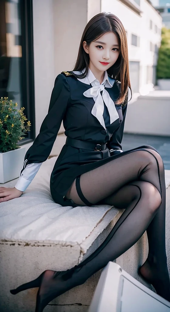 Best Quality, Full Body Portrait, Cinematic Texture Shot, Exquisite Face, Beautiful Face, 20 Year Old Woman, Smiling, Slim Figure, Small Bust, OL Uniform, Office Wear, Black Stockings, Interior Scene, Office, Seated