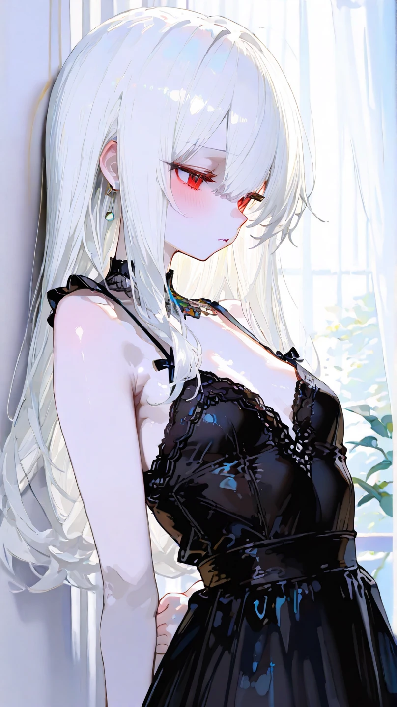1girl, better_scar, scar on nose, white hair, long hair, blunt bangs, serious, vampire, pale skin, lipstick, lips, red lips, medium breasts, eyeliner, bra,