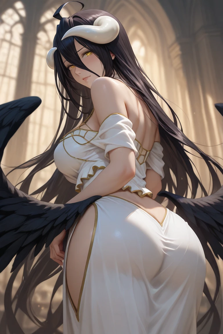 ((1girl)),((alone)),Albedo,(masterpiece), (best quality), (ultra detailed), (best illustration), (best shadow), (absurdities), sharp focus, cowboy shot, atmospheric perspective, depth of field, dynamic posture facing the viewer, large breasts, narrow waist, wide hips, wide thighs, round butt, erotic, romantic, (highly detailed eyes, lips 1.1), highly detailed eyes, eyes, highly detailed face , Very beautiful face, Symmetrical face, Aesthetic face, perfect face, perfect eyes, detailed eyelashes: 1.5), full height, beautiful slim figure, femininity, expressive appearance, elastic big breasts, sexuality, demon horns, white gloves, white dress , bare shoulders, loose neck, neckline, slit pupils, black wings, feathered wings, low wings, curves, defined body, Perfect and beautiful body, perfect and beautiful, closed mouth, smile, happy smile, blushing, (sexy pose: 1.2 ), ((solo)), standing: 1.5, ((natural landscape: 1.5, riverside: 1.5, light reflection: 1.5, trees: 1.5, temperate: 1.3, sunset: 1.4, clear sky: 1.4)), looking back, from behind, ((focus on ass:1.3)), point of view: (from middle), perfect anatomy, perfect hands
