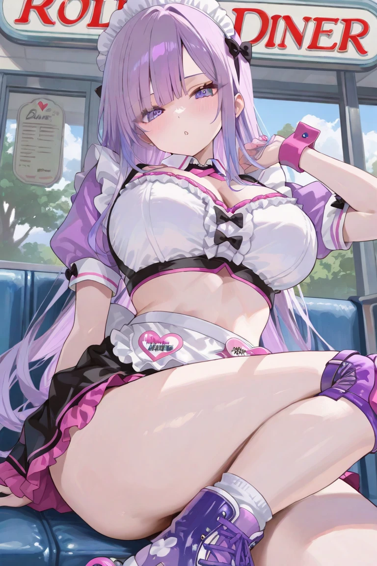 rainbow hair, pony tails, hair pin, shairband, hair pin, maid headdress, goggles, Moles under the eyes, heart - shaped pupils, headphones with cat ears, boring, The stands up, 比基尼,, Raise Hand, The large,A thousand flavors,性感lewd poses,lewd poses,,raise,,is shy