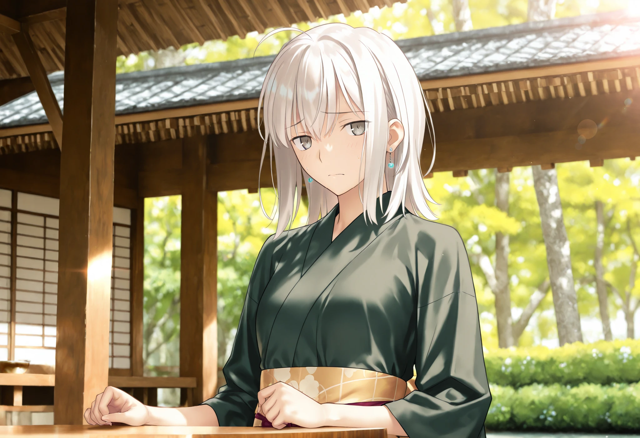 masterpiece, , absurdres, highres, detailed background, high resolution, masterpiece, necessary, detail, best quality, quality, necessary, details, High details, Precise, 8k, outdoors,(japanese garden),dark lens flare, blurry background, (from below),
1girl, , koyama hirokazu (type-moon) style, ,Takeuchi Takashi style, (aged up),(upper body), ,(nervous, finger_counting), sitting, , blue pierced earrings,
very tall girl, (slender body, slim arms, slim body), solo, long sidelocks, table, , , ,
((wolf cut hair)), white hair, medium hair, gray eyes, half-closed eyes, jitome ,bangs, hair between eyes, ahoge, ,(kimono, dark green kimono, long sleeve, ), ,(small breasts),(looking at viewer), , , ,