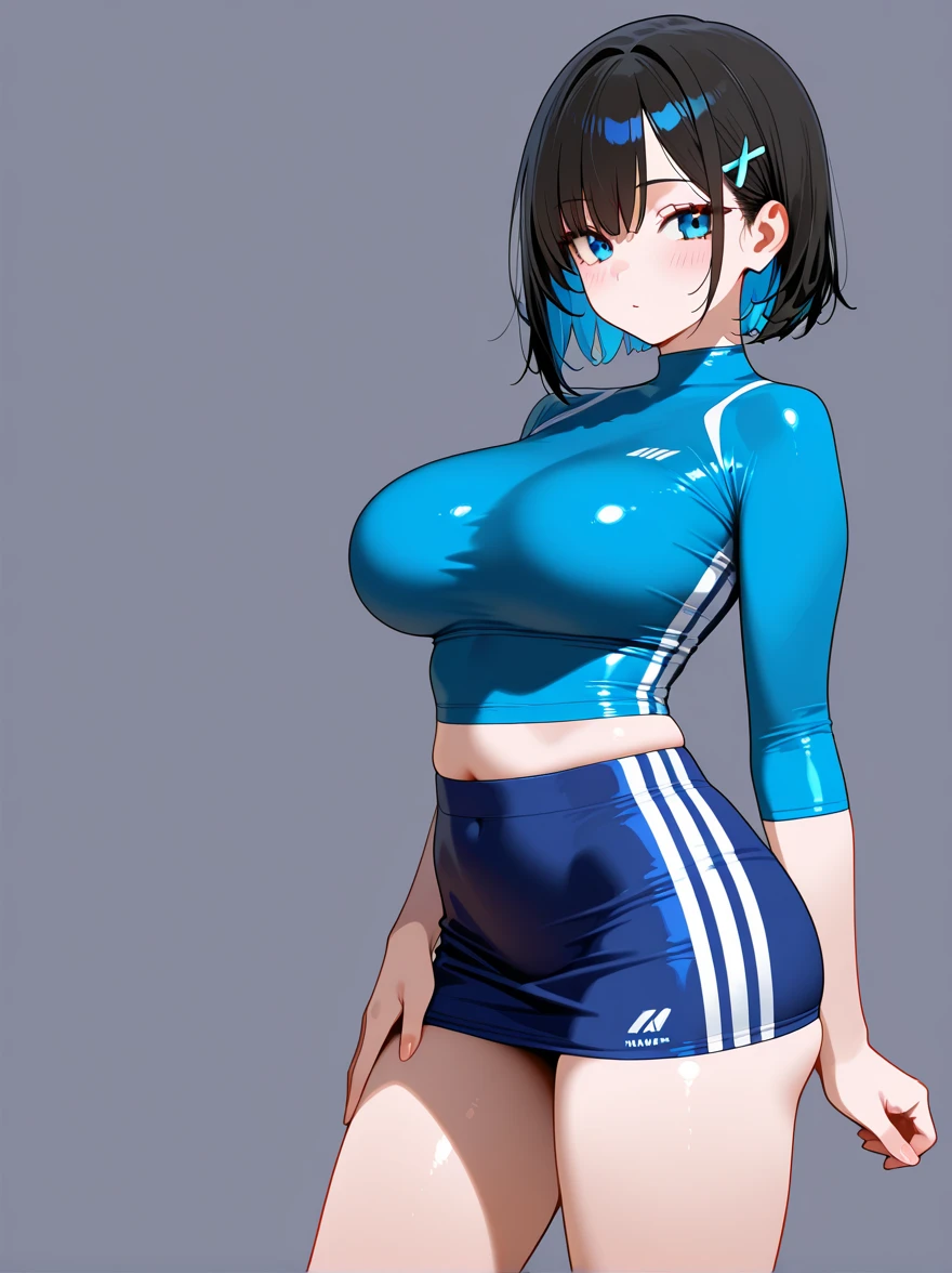 Beauty, Navy Blue Hair,short hair(Inward Curling Bob) ,blue eyes,Costume(Lifeguard), Large Breasts、Blue Earrings、background(Boolean)
