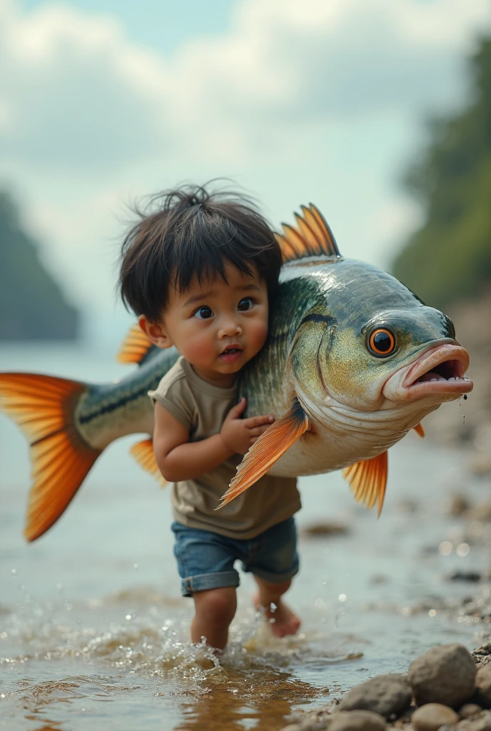 Picture a small carrying a super big fish, from market. with a cute expression