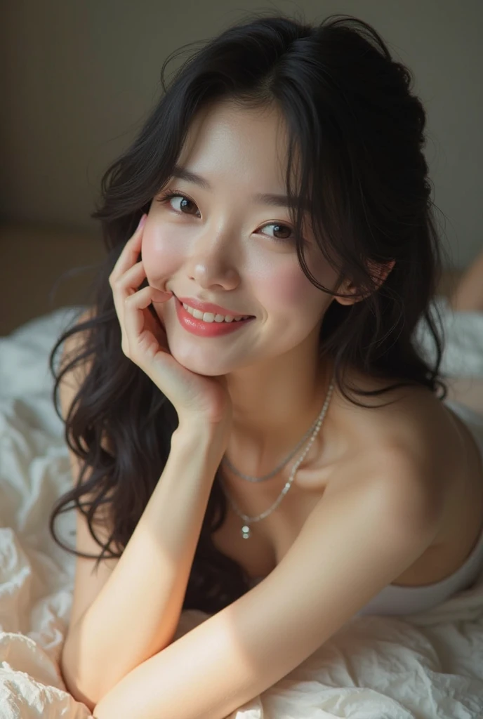 Arabian woman with dark hair and earrings smiling at the camera, Tadashi Nakayama photo, Instagram, What it is？, kimi takemura, Yoshitomo Nara, Lee Ji-eun, Lee Ji-eun, chiho ashima, Ishida Sui with black hair, Song Hye-kyo, Cute Korean Actresses,naked,Lying in bed