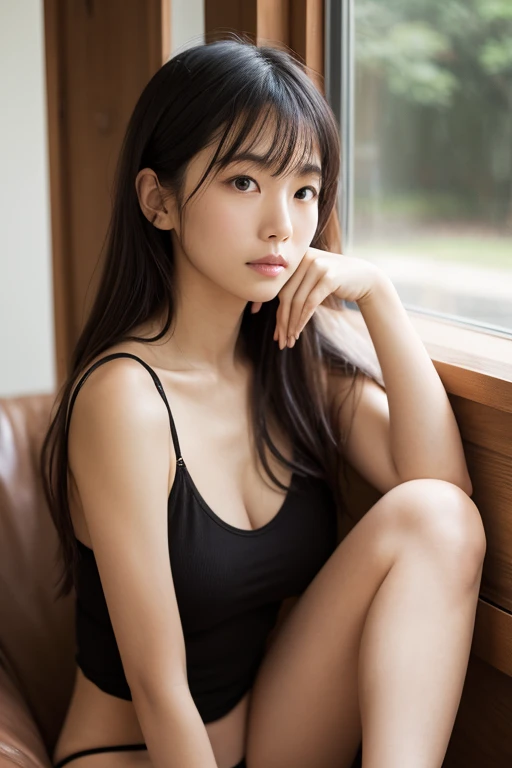 Close-up of a woman wearing a cutout suit sitting on the floor, Yoshitomo Nara, Asia girl, Japanese Models, beautiful Asia girl, Realistic young photo idol, Young and thin photo idol, Asia, Young sexy photo idol, Japanese Goddess, Sexy Girls, Young and beautiful gravure idol, Beautiful Chinese model, Asia hyperdetailed
