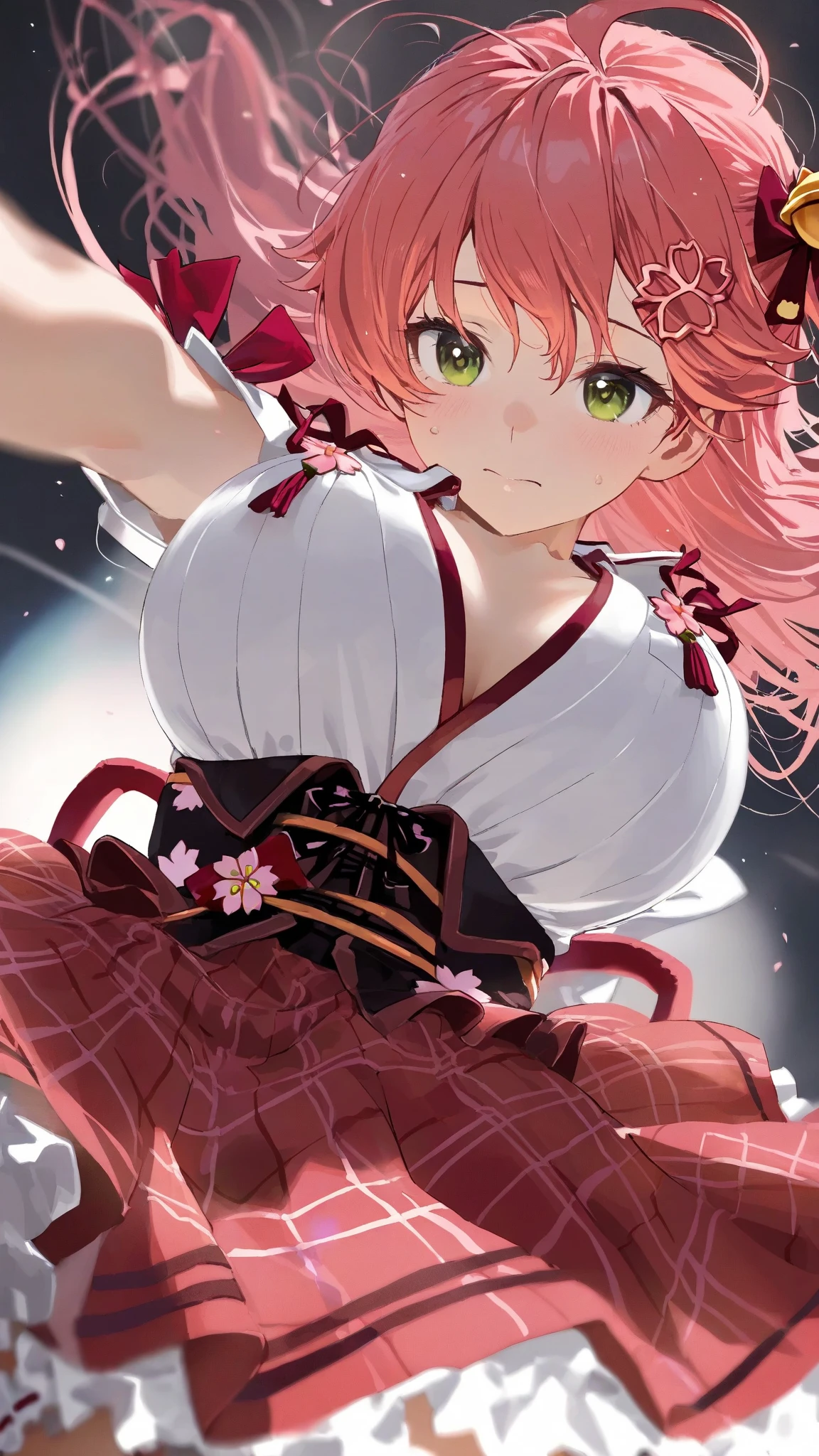 ((woman, (Huge boobs),Huge breasts:1.5,とても唇が赤いHuge breastsを強調,Big Ass,Narrow waist,Long legs,Green Eyes立っている)) 8k((((Anime Style),(The facial expression is good))))8k(((((Anime Style)Green Eyes)))) 8k((Standing at the station))8k((Waiting for a train at the station))8k((Morning))8k((Beauty))((学生blazer15歳学生服 緑のネクタイ, blazer, Pleated skirt))8k(((((spring,cherry blossoms,The wind is blowing,Her skirt is flipped up,cherry blossomsが散っている:1.3)))))