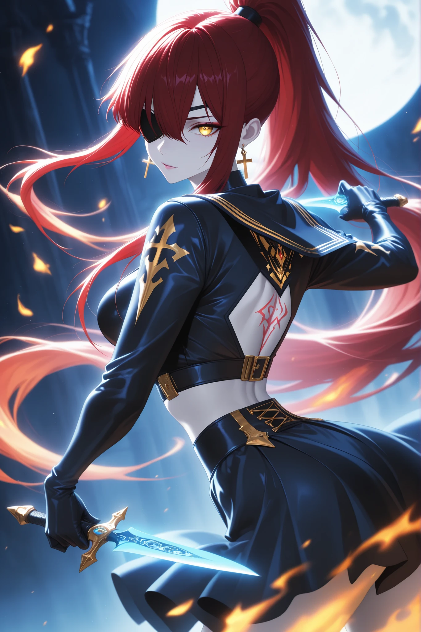 (masterpiece, highest quality, high resolution, 4k,8k, 1 horl, golden eyes , very long hair , long sidelocks, red hair , half upon, medium breasts , petite , very cute , beautiful ,Straight hair, cool, handsome, hair between eyes, ,Ghost JK, Emissary from Hell, Cutting Evil, ((all back+high ponytail)), bewitching, pale skin:1.9, Makeup, Cool Designed Devil Dagger、blade design theme: Tattoo Designs That Look Like Magic Runes, black cross earrings, tattoo, eye patch, full moon in the background, Devil Style Black Sailor Suit and Armor, black skirt, Powerful, showing her bottom, heroine, Exquisite Details, best lighting, Flaming petals dance:2.0, Pose , dynamic pose, dynamic angle, two dagger, fantasy lighting, glowing, background lighting, lightning,magical, gas, glitter, glow,cinematic lighting, perfect lighting,shadows, best quality,