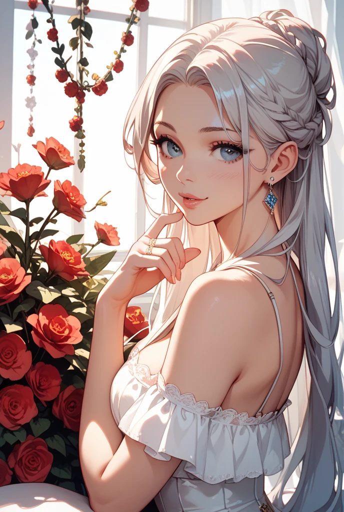 (from above:1.2),(from side:0.9), ((Face)), (Close-Up:0.4), ((looking at viewer, holding a bouquet to his mouth)), highest quality、(real、photorealistic:1.4)、(RAW photo:1.2)、very detailed CG unity 8k wallpaper, delicate and beautiful, wonderful, Fine detail, official art, disorganized, very disorganized, huge file size, Ultra-detailed, very detailed, very detailed girl, very detailedなeyes and face, Bright on the face、(teenage girl:1.7)、small smile, ,smiling, miorine rembran, ahoge, (white hair:1.25), hair between eyes, hair bun, (long hair:1.25), tiara,,ruanyi0261,off-shoulder dress,pearl \(gemstone\),tiara,veil,wedding dress, wedding necklace, wedding long gloves, (luxurious bouquet), chapel, Stained glass,(best quality, highres, masterpiece:1.2), ultra-detailed, (realistic:1.37) illustration, erotic style, soft lighting, sweat glistening on her body, gentle warmth, dark and mysterious, small breast,narrow waist,(with sparkling eyes and a contagious smile),her thin pubic hair, looking at viewer,