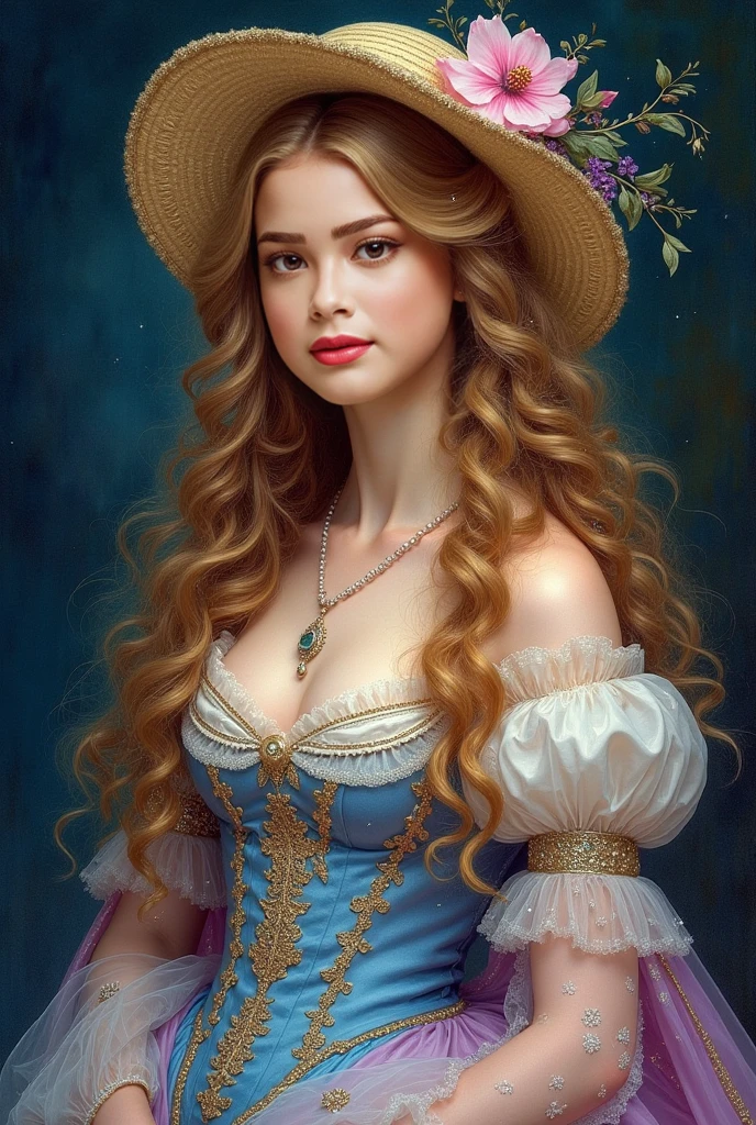 (best quality,4k,8k,highres,masterpiece:1.2),ultra-detailed,(realistic,photorealistic,photo-realistic:1.37), Aristocracy. daughter. Long wavy blonde hair. Very warm clothes. (((Gigantic breasts covered by clothes))) ..Big hat. Heavy clothing. An elegant dress in calm colors. (((Warm-looking clothes with very little exposure))). cool face, highly detailed face and body, dramatic lighting, vibrant color, intricate, ethereal beauty, From Brian Froud and Carne Griffiths and Wadim Kashin and John William Waterhouse, 8K post-production, high resolution, hyperdetailed, depth of field, HDR, intricate