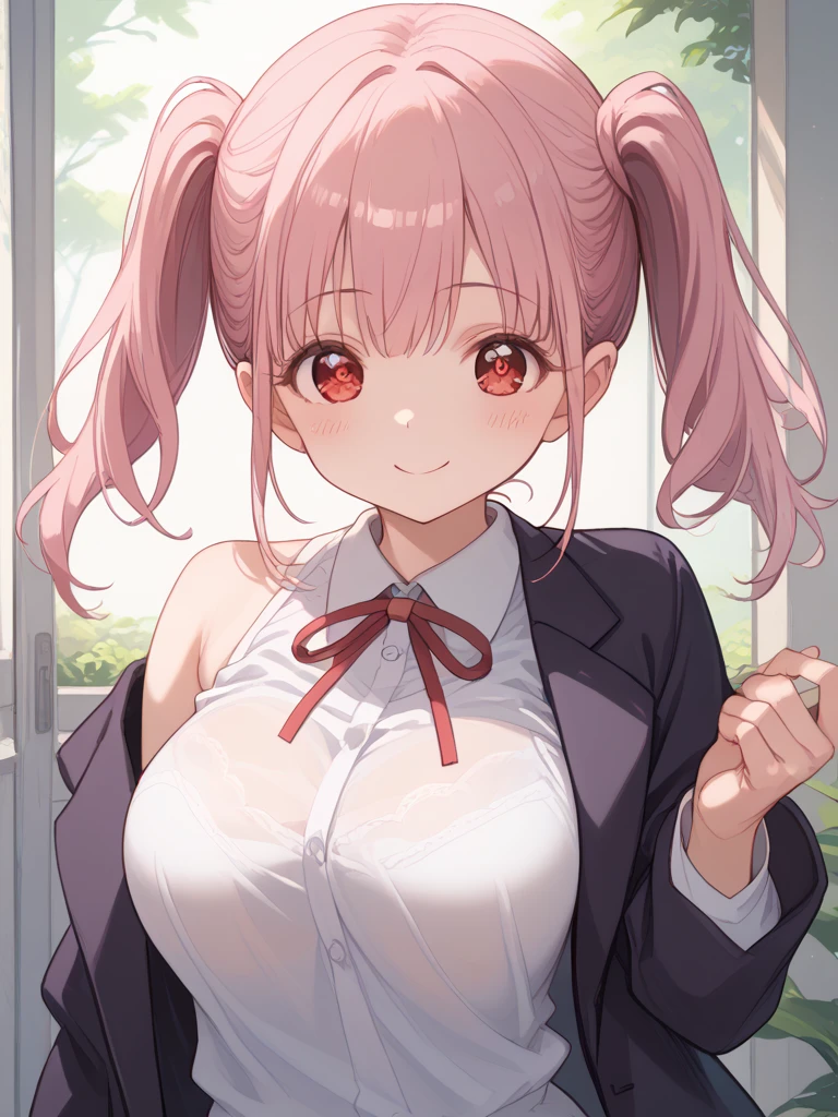 masterpiece, best quality, highres, JK,huge tit,1girl,pov, give viewer a cup of bubble tea, black bow,black bowtie,blonde hair,bow,bowtie,breasts,hair bun,long hair,looking at viewer,pink hair,pleated skirt,shirt tucked in,short hair,skirt,smile,tented shirt,in street
