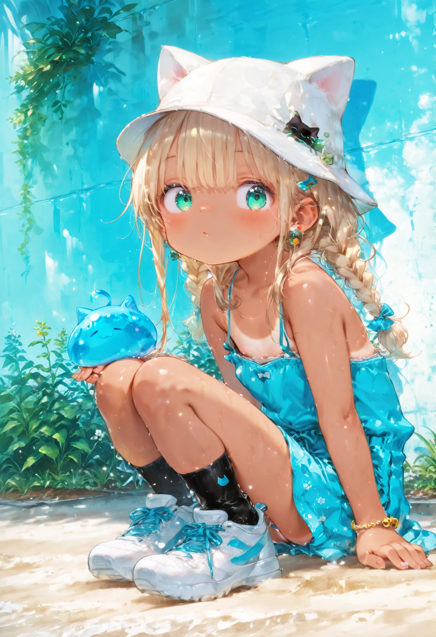 
young blonde girl, braids, sleeveless、casual clothes、Cat ear hat、 high heel boots, accurate, anatomically correct,exquisite digital illustration, tanlines ,tan, cat slime