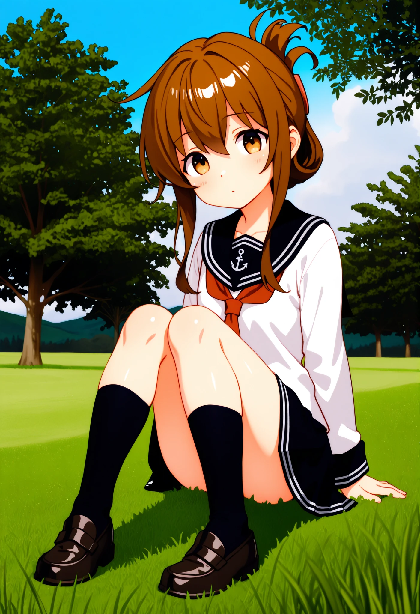 1girl, inazuma \(kancolle\), brown hair, folded ponytail, long hair, brown eyes anchor symbol, black sailor collar, long sleeves, neckerchief, school uniform, serafuku, pleated skirt, black skirt, black socks, loafers,,looking at viewer,outdoors, sky,grass,tree,