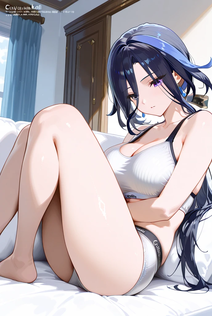 bottom view between the legs, leg up, dark hair, cute, big breasts, nice bikini, lavender bikini, perfect face, blue eyes, raised leg, domineering look, view between the legs, belly, sexy girl, smile, teasing look, aroused, blush, sexy look, two people focus, lovers