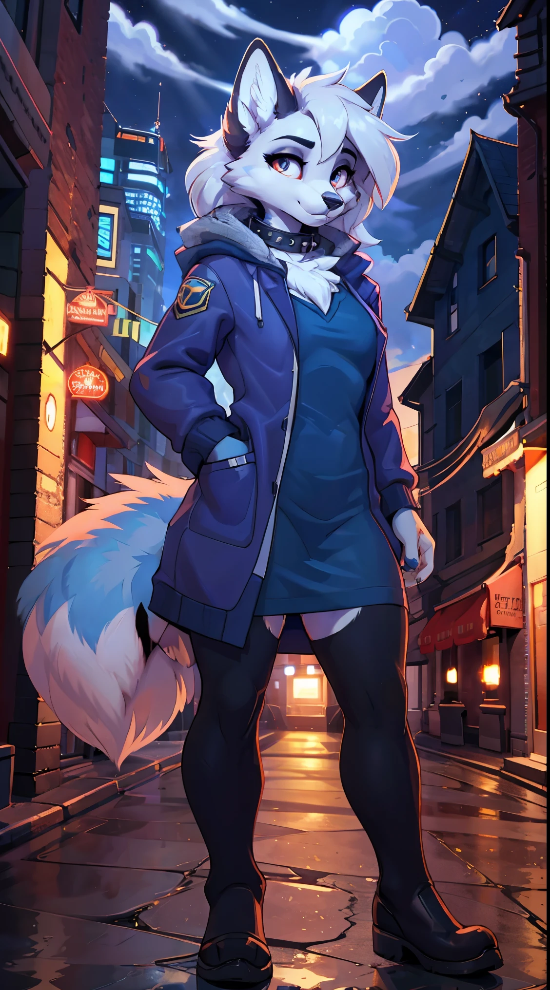 (obra maestra, Tops), incredible quality, very aesthetic, absurd, high resolution, new, HDR-10, 8K, cinematic, professional photo, Alone, full body, Anthropomorphic blue fox girl wearing blue sweatshirt, Falda, fox face, Linda way, shiny coat, Large fluffy furry collar , posing for a photo on a hill at night with a city in the distance, Detailed background, subsurface dispersion, translucent, brilliant, SSS, Of the highest quality, atmospheric haze , Illusp0s , (super quality:1.2),