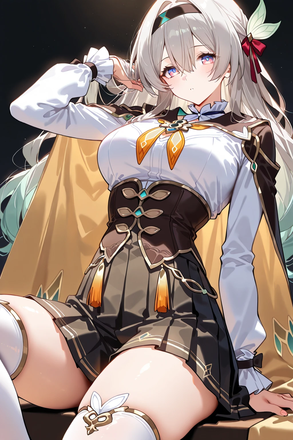 knight。crusader。An illustration。girl。gold。Big Breasts。Fantasy。Exposed。Light clothing。White skin。mini skirt。Big Breasts。Showing her panties。With legs apart。Fresnel。The hair is transparent with light。Thick thighs。Big Ass。Angle from below。Facing forward with legs apart。