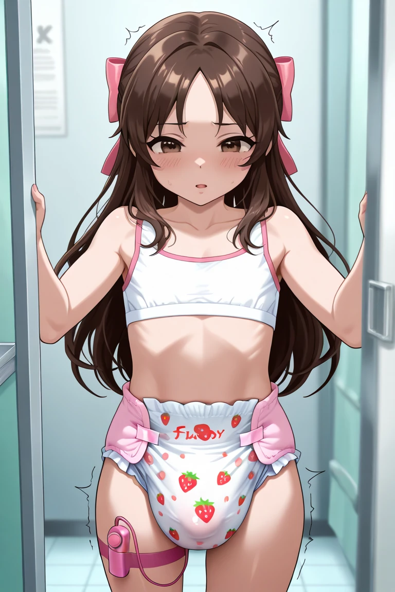 ((highest quality)), ((masterpiece)), (detailed),One girl,very cute,pretty light brown hair,Translucent white skin,Straight Hair,Medium Long Hair,Big Breasts,Beautiful proportions,Beautiful thighs,An embarrassed look, Red Bra, String Panties,Bedroom at home,(Removing the bra hook:1.8)