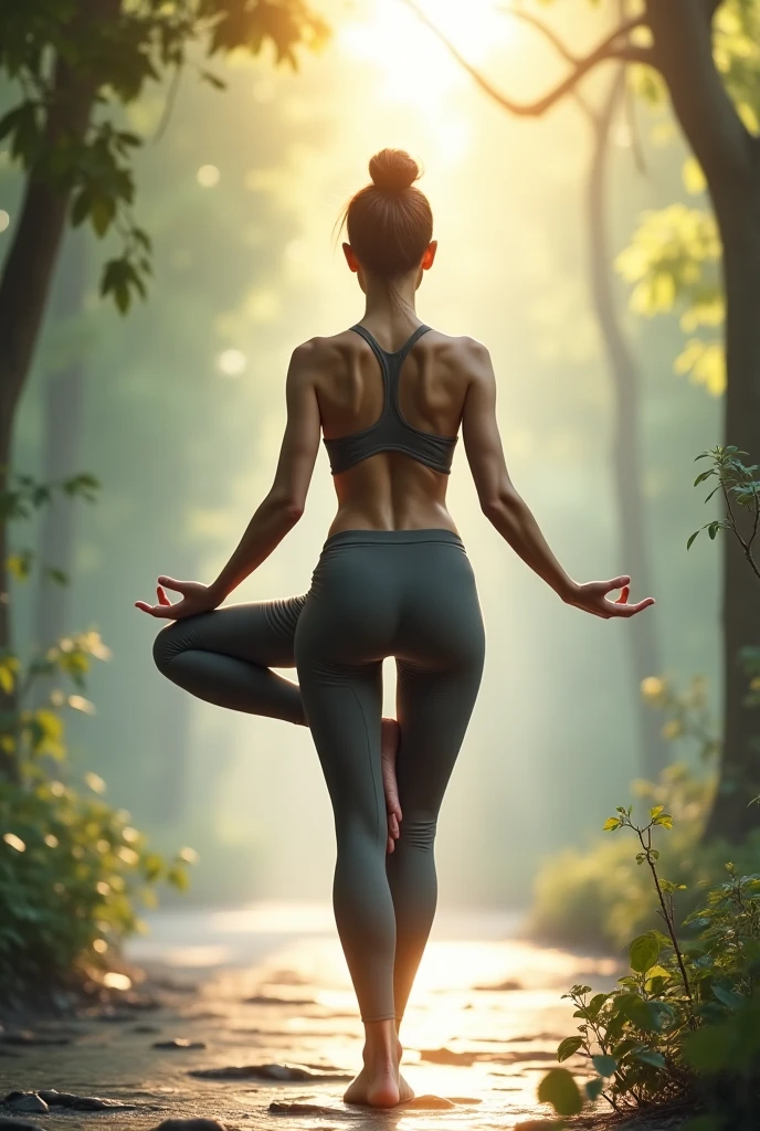 Woman with white toenails doing yoga in leggings. Ass focus
