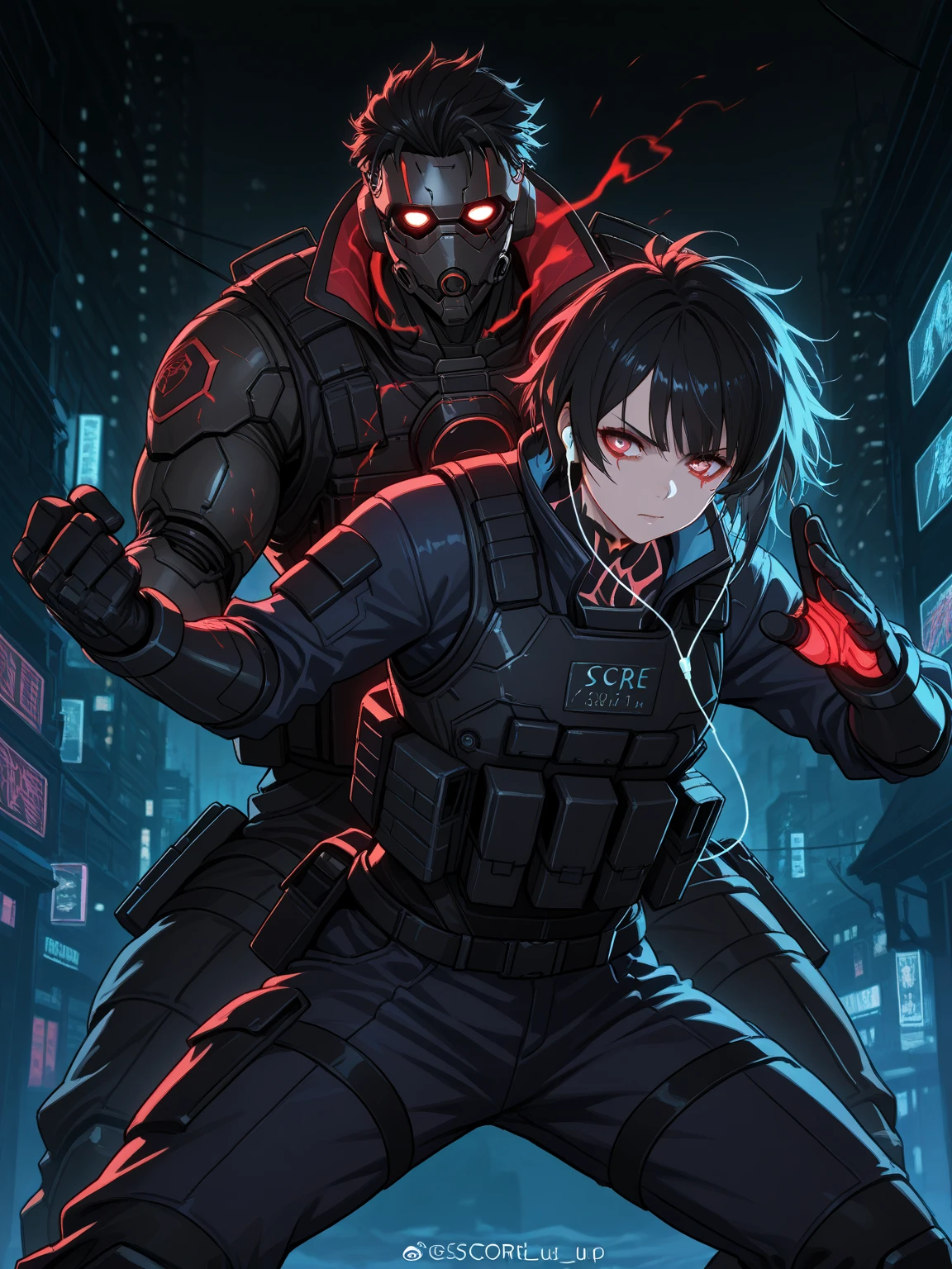 {dark fantasy illustration}, {{muscular man}}, {{1man}}, {{faceless}}, {{alone}}, {{{masterpiece}}}, {{{best quality}}}, {{ultra-detailed}}, high quality, 8K Ultra HD, score_9, score_8_up, score_7_up, black shading, black short hair, glowing red eyes, slightly messy hair, stance pose, tactical gear, tactical vest, robotic gloves, black robotic mask, earphones, stance, holding a large plasma cannon, windy night, hair blowing softly, cold and dimly lit cyberpunk city at night, ambient blue and red side lighting, subtle wind movement, bloodstains on clothes, {{side perspective}}, {{medium shot}}, {{Cyberpunk vibe}}, dark atmosphere, rough lighting, dramatic lighting