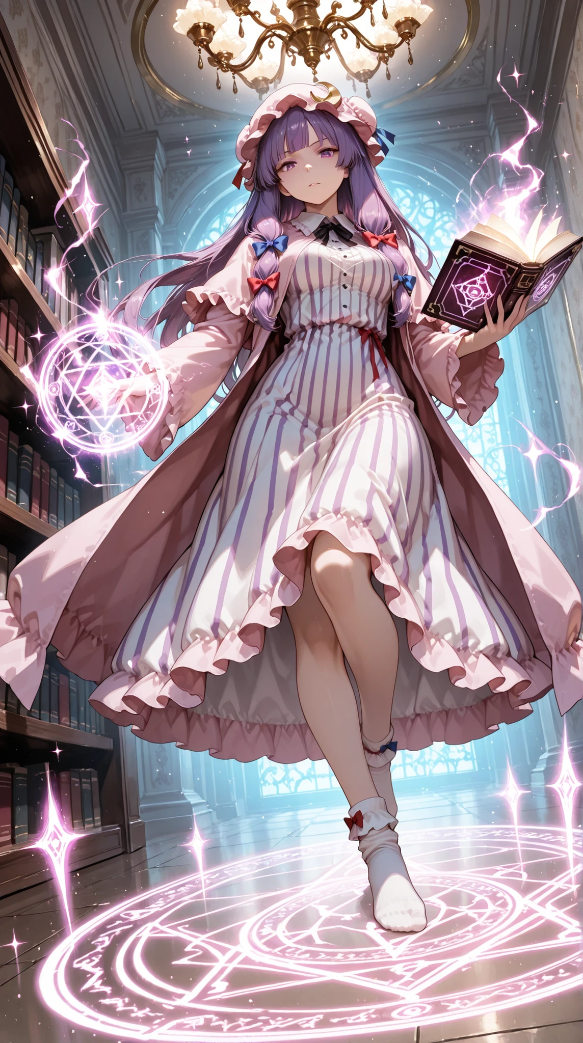 1girl(patchouli knowledge(touhou)), purple hair, long hair, purple eyes, hat, mob cap, dress, white dress, striped clothes, striped dress, pink robe, robe, socks, white socks, book, holding, holding book, magic, glowing, sparkle, sparkles, glitter, magic circle, light particles, magical aura, full body, looking at viewer, looking down, flying, solo, BREAK, bookshelf, chandelier, glowing symbols, arcane runes, glowing background, magical energy, indoors, from below, dynamic pose, foreshortening,
BREAK, soft colors composition,Light color composition,finely detail,semi realistic,stunning,clear picture,intricate details,extremely detailed CG unity 8k wallpaper,stunning,clear picture,masterpiece,best quality, highres,