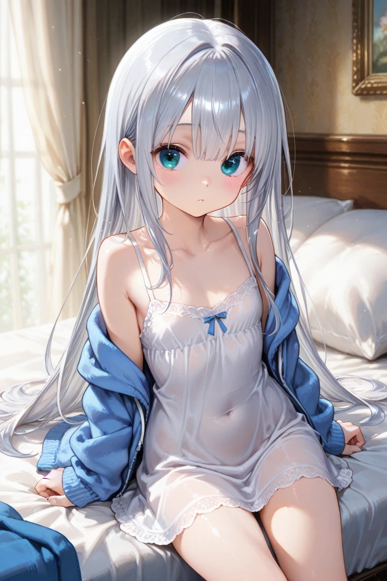 Character Details:, - Gender: 1 Girl.
- Style: Anime, - Body Type: Attractive body, slim body, nice legs, slim tights, nice arms, nice shoulders. - Breast: ((Small Breast:1.2)), Cleavage.
- Facial Feature: Beautiful, Gorgeous, Teenager, Fresh, Young.
- Expression: Shy, Smile, Horny, Pink Blush on Face, Sexy Eyes, Sexy Look, (Sweating:1.4), Innocent Look, Tipsy. - Hairstyle: Blunt Bangs, Long Hair. - Hair Color: Light Blue Hair.
- Clothing: (white Apron:1.3). - Body Pose: (Kneel). - Behaviour: Waiting, Want Something, Secretly.
- Accessories: Earrings., Environmental Details:, - Setting: Bed Room., - Lighting: Natural Light., - Decoration: Modern Bed, Desk, Chair, Window, curtain, City View. Top view. pov, anime style, UHD, retina, masterpiece, accurate, anatomically correct, textured.