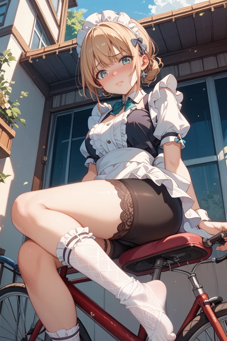 (from above:1.2),(from side:0.6),(Close-Up:0.4), (A masterpiece of image quality in 8K),(Beautiful Allafed Woman),(((emphasizing breasts:1.1))),(Dynamic angles),(Dynamic and sexy bending pose:1.3),(sit a chair:1.2),(Short hair in shiny silver and orange inner colors,small full breasts,Disturbance of clothing due to movement,breast slip,(Ponytail twisted buns adorned with elaborate braids and beads,Braided Setup Fishbone Hair:1.2),(see-through bangs),small breasts,(((A brown lace apron that shows your bare skin from under your small breasts.......)))、garters,Blush with embarrassment、Enraptured eyes、 little open mouth,A smile that beguiles the viewer、(Look back:1.2)、Look into the photographer,skin glistening with sweat,gazing at viewer,,(Professional Lighting),(masutepiece,top-quality,Ultra-high resolution output image,),(Ultra HD with complex detail image modes),depth of fields,Beautiful hands,Beautiful fingers,Detailed finger features,(Detailed hair features:1.7),detailed facial features,detailed clothes features,
