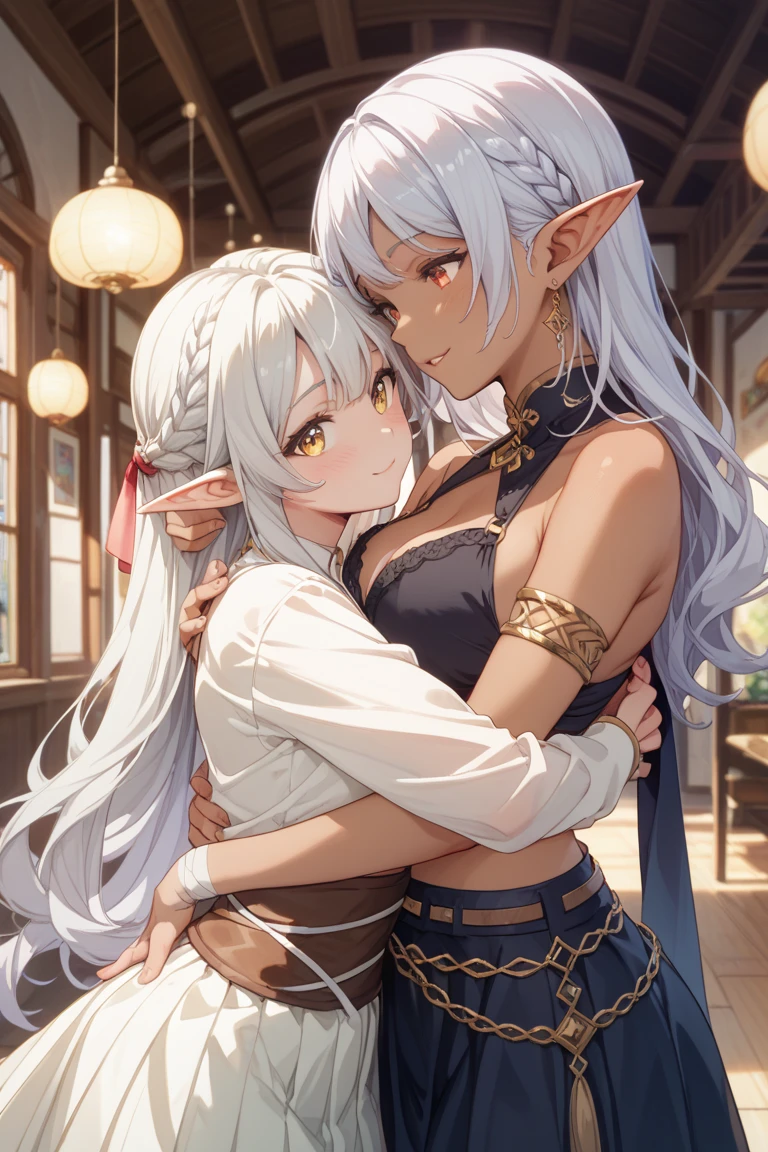 Masterpiece, 2 beautiful female elves embracing, chest to chest, full nude, (having sex:1.5), (embarrassed, facing each other:1.4), firm perky breasts, slim athletic body, tall, mysterious expression, HD, best quality, ultra high res, airani iofifteen, paint splatter, paint splatter on face, hair ornament, hairband, single side bun, long hair