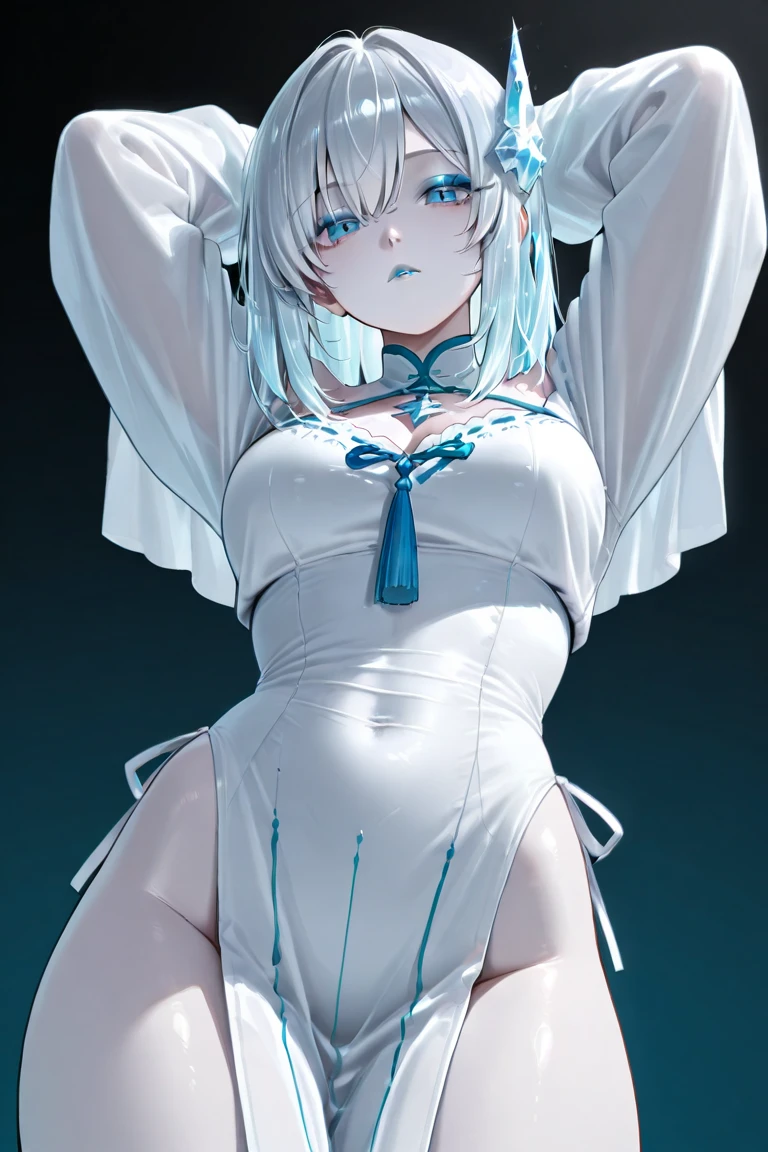 1 girl, small boobs, small chest, wide hips, big ass, thicc tights, symetrical body, symetrical face, short hair, shoulder lenght hair, silver hair, red eyes, white lashes, white pubic hair, white armpit hair, albinism, cute feets, doujin makeup style, long earrings,