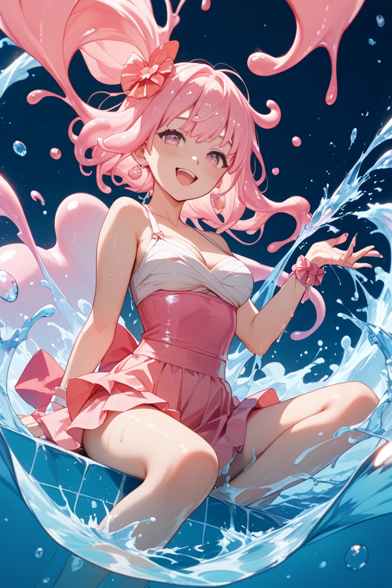 in container、1girl in、独奏、short-hair、Light blue juice、Fresh fruit、a blue skirt、full body Esbian、sitting on、(Drink a glass:1.2)、in drinking glass、Look at viewers、icy、Cool、Cold、neon color、Pink hair、Tropical birds