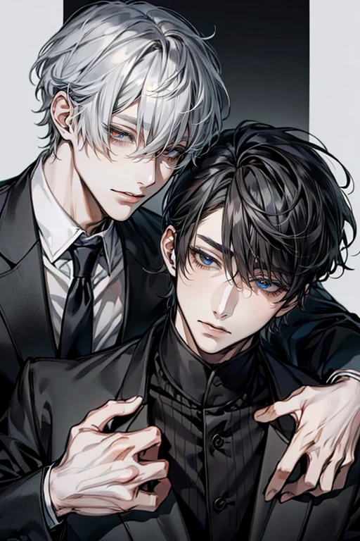 (Mastepiece), (Best Quality), Very detailed, ((Two friendly men:1.5)), Perfect Face, Beautiful Face, Very detailedな顔，(Black-haired man:1.3)，(Grey-haired man:1.3)、Embarrassed