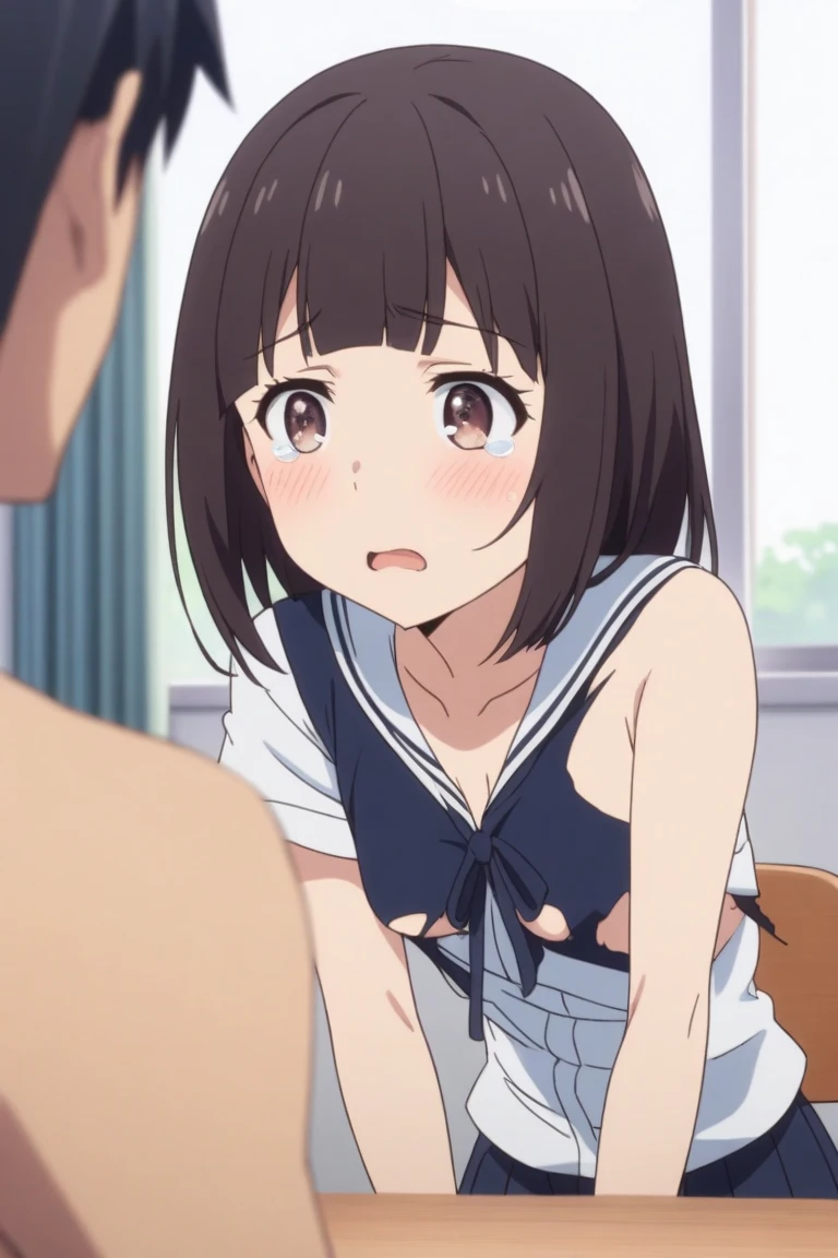((masterpiece, best quality)), high resolution,ultra detailed,8k,16k,detailed background, perfect lighting,detailed beautiful eyes, 1girl,nsfw,embarrassed,blush,show off breast,steam,sweat,look at viewer,(deep fellatio:1.4),(deepthroat:1.3),:>=,penis in mouth,oralsex,face focus,(from above,from front:1.2), (pov:1.4),provocative eyes,1boy,1penis,hetero,fisheye lens,tear,,mayaka ibara,brown hair,short bangs,forehead,purple eyes,(small breast,slender),(fair skin,short body),school sailor,class room,pubic hair