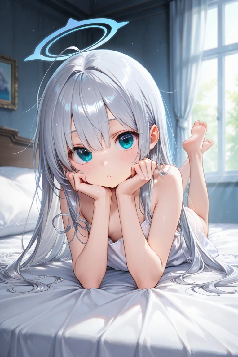 cute girl, anime, silver hair, blue eyes, ponytail, (blue ribbon:0.7), feel shy, indoor, nude, (young:1.4), side shot, on the bed, lie down