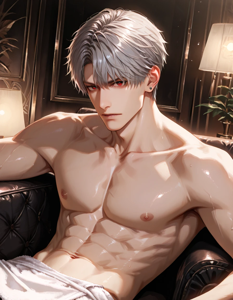 Full full body photorealistic 4k, Catboy , cat ears, yellow cats eyes, very high resolution, best quality, masterpiece, perfect color, perfect shade, perfect lighting, Posted by e621, ), ((handsome man)), perfect male figure, Short hair details，chest muscles，abdominal muscles，Naked ，nudeness perfect detailed penis and scrotum, Detailed face, perfect face, (stood up), Detailed background, ((Bonifasco Lighting)), (delicate eyes)),white hair.perfect detailed penis and scrotum.