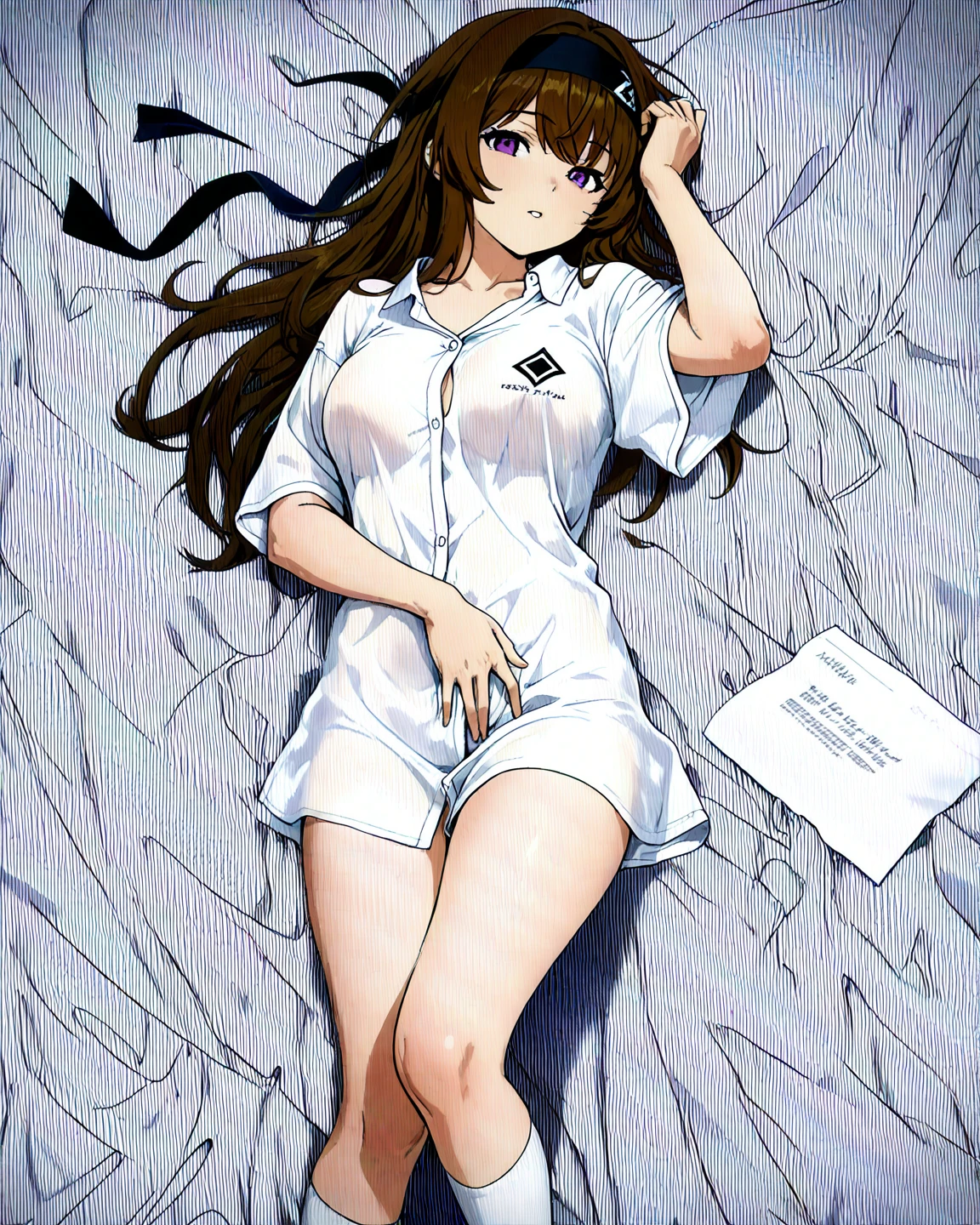 Italian girl, 25 years old, wavy brown hair, lab coat, busty, lying on her bed, tied with ropes to the edges of the bed